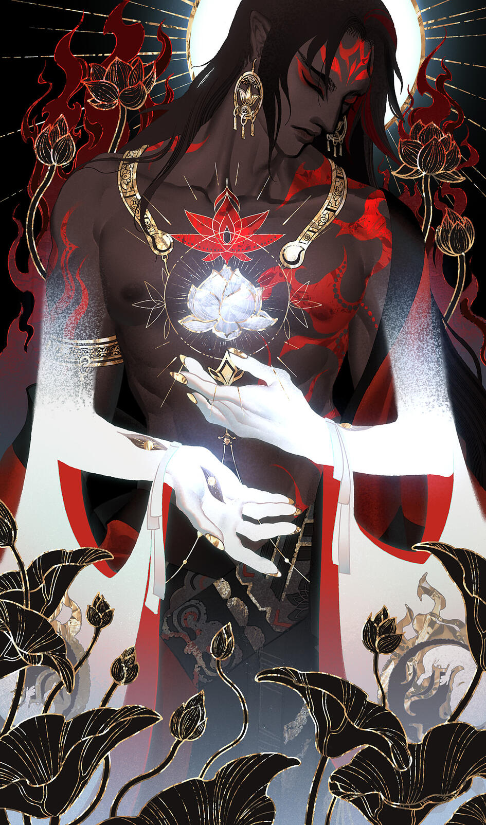 Onmyoji Asura from Onmyoji surrounded by golden Lotuses and red flames