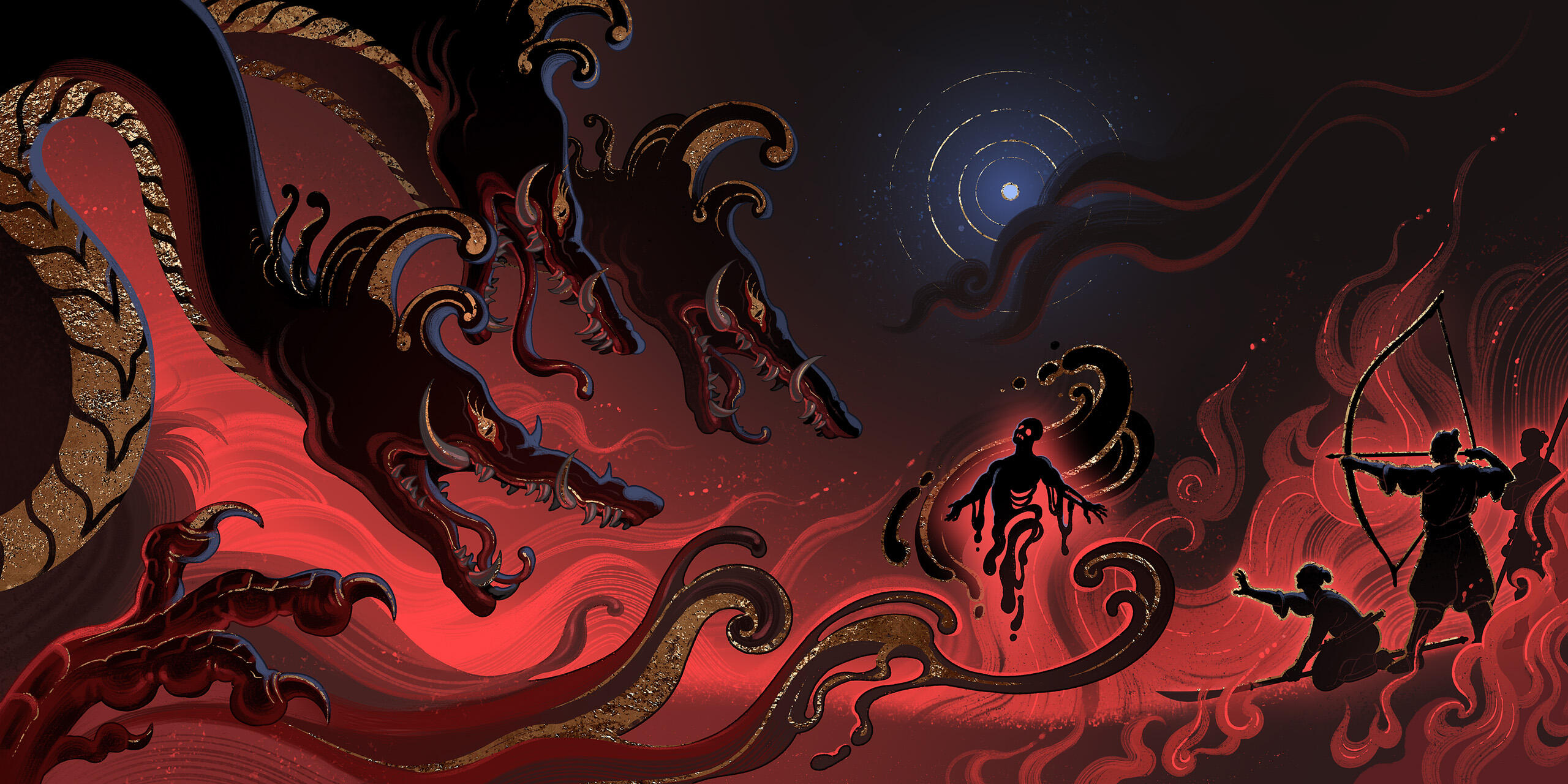 Vessel of Gods - Character Story surrounded by red flames, people engage in a battle against a three headed black dragon