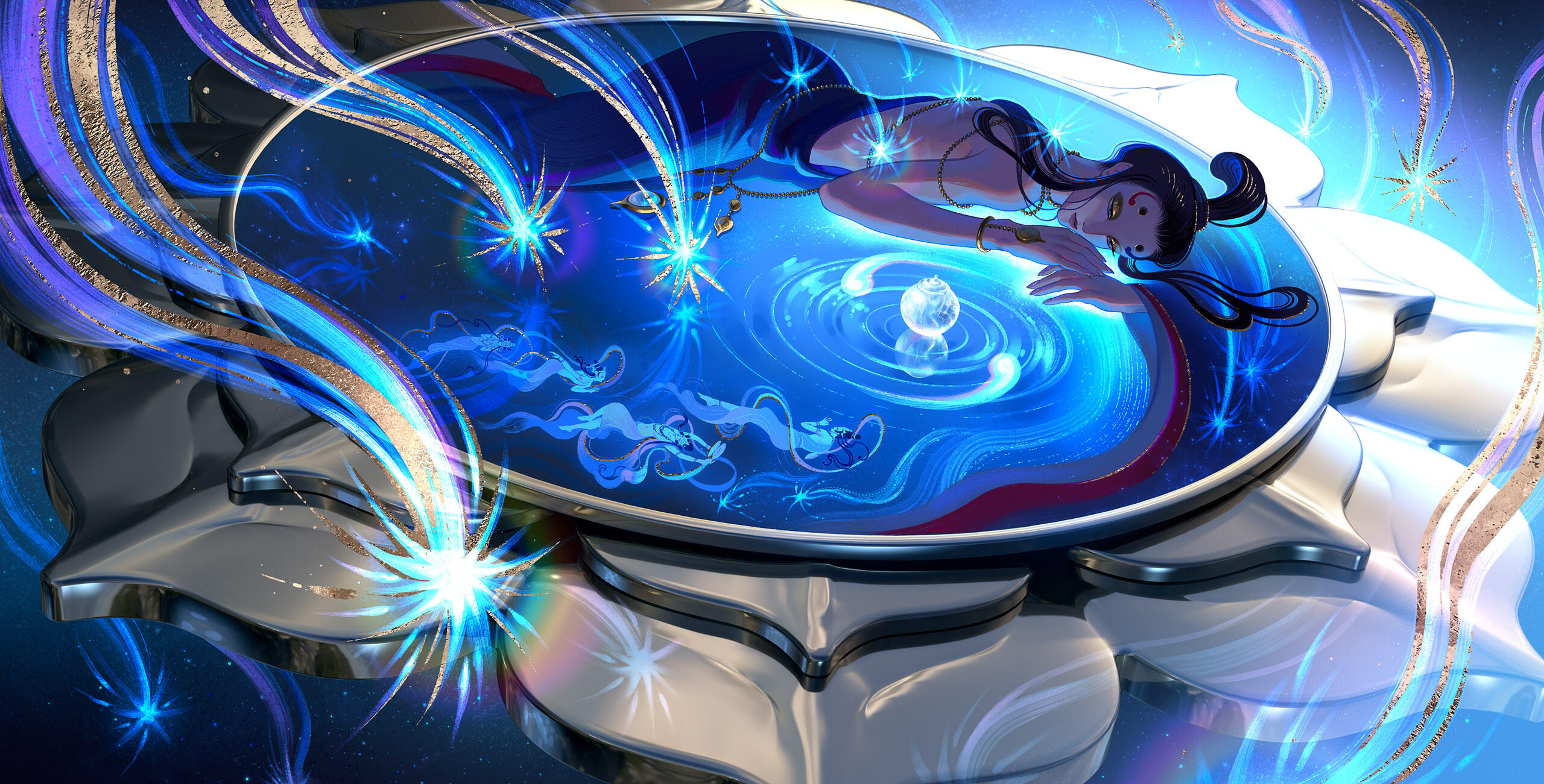 Vessel of Gods while iridescent shooting stars fall, Aasha lays on a mirror, observing ripples stirred in the cosmos