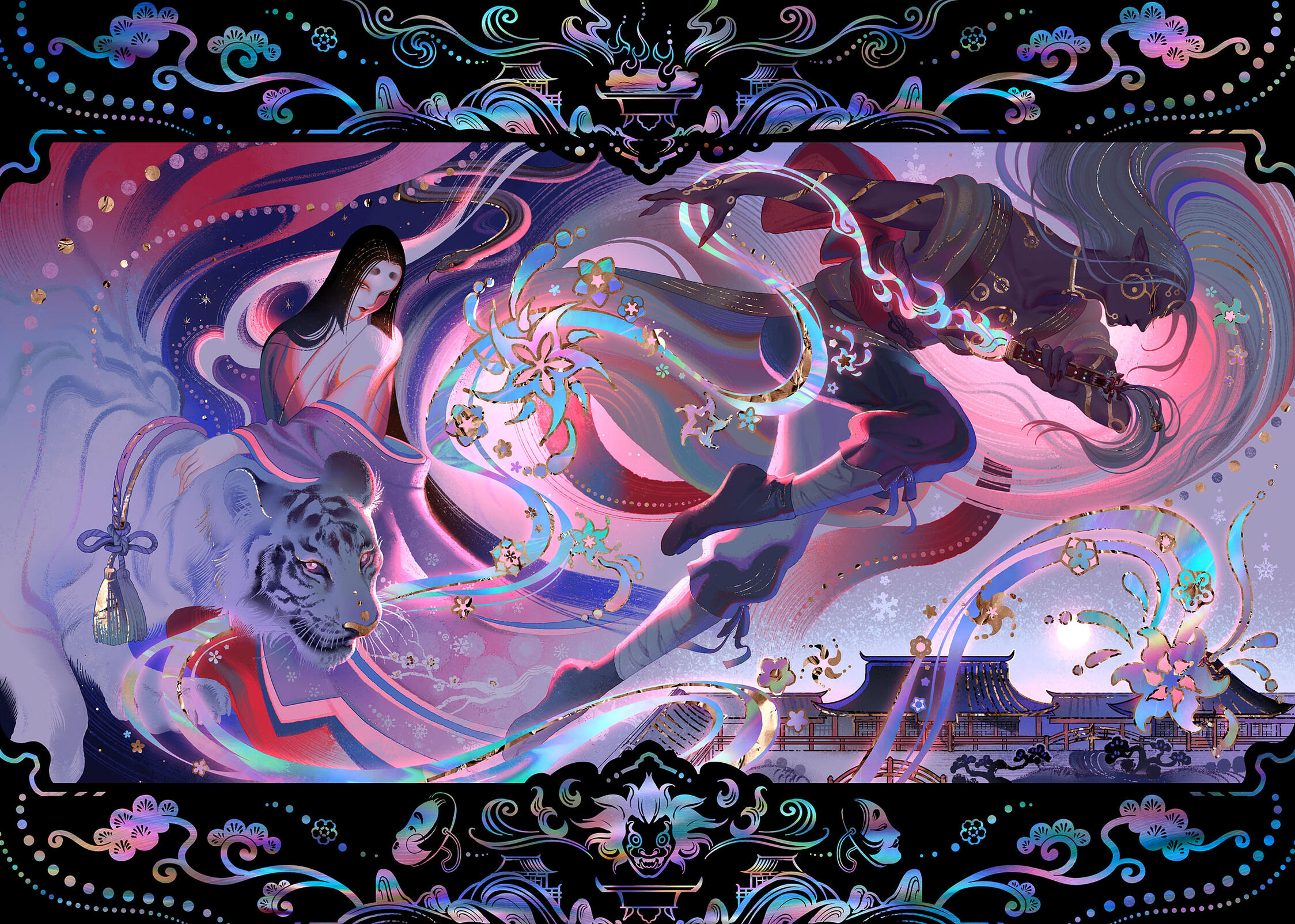 Mononoke Mononoke book illustration showing Kusuriuri, a Heian beauty and a white tiger in iridescent colors