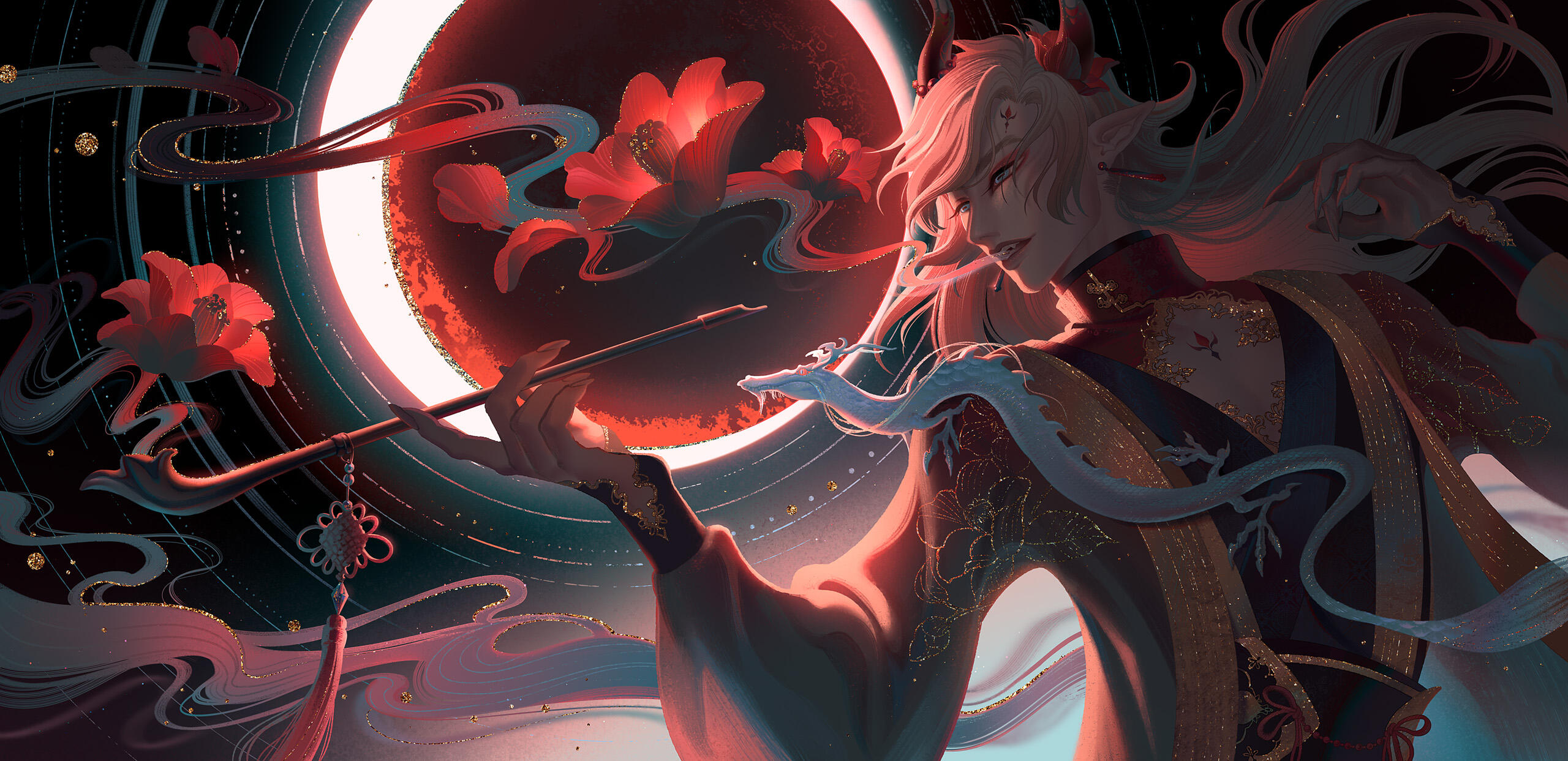 Camellia Dreams underneath a red moon, a figure in chinese clothes blows pipe smoke turning into camellia flowers