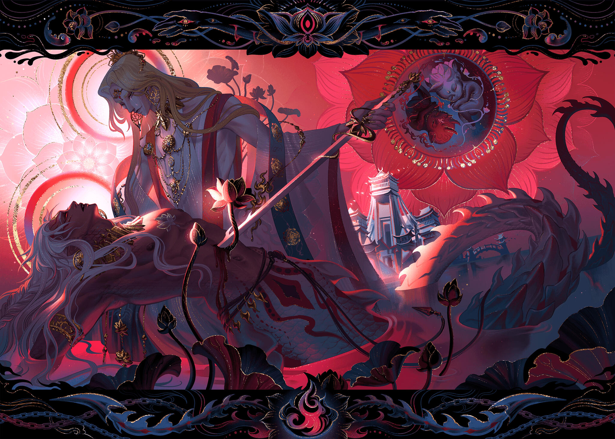 Onmyoji Asura, as dragon Vritra, lays on Taishakuten's knees, a lotus blooming from his chest