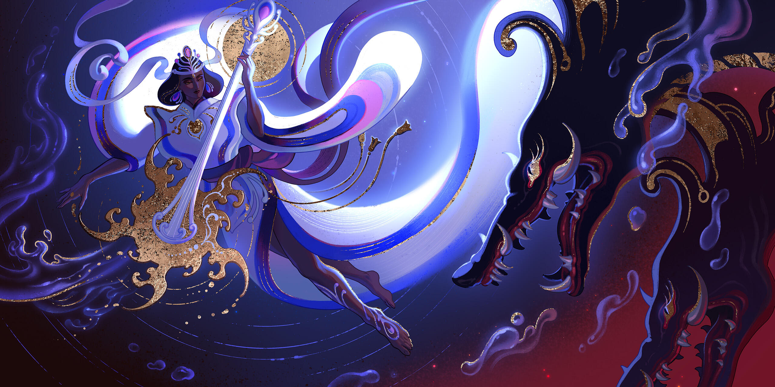 Benten plays her divine melody, pacifying the cursed dragon